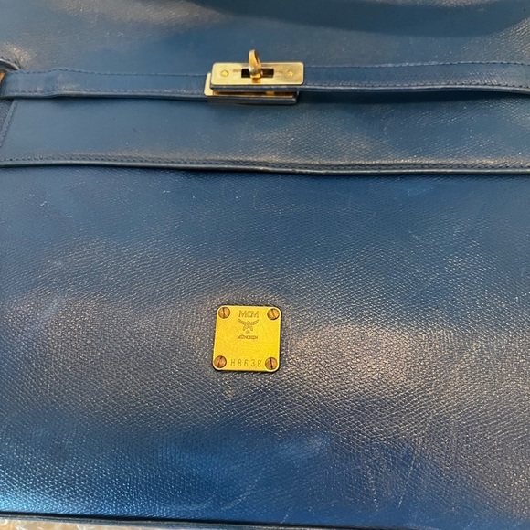 MCM Large Top Zip Shopper Tote Munich Cerulean Blue Leather  MCM Canvas Kelley Style Handbag Blue.